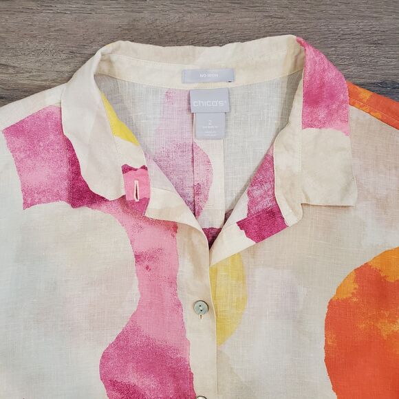 Chicos No Iron Linen Button Down Shirt Boho Artsy Art to Wear Size 12 (2) - Picture 3 of 8